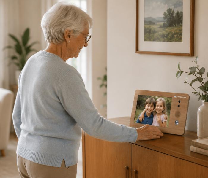Senior kijkt naar een foto van kinderen via de Genus