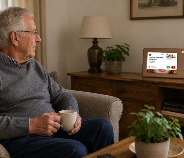 Senior zit thuis op een stoel met Genus op de achtergrond