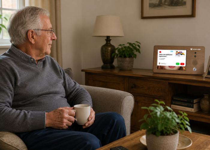 Senior zit thuis op een stoel met Genus op de achtergrond
