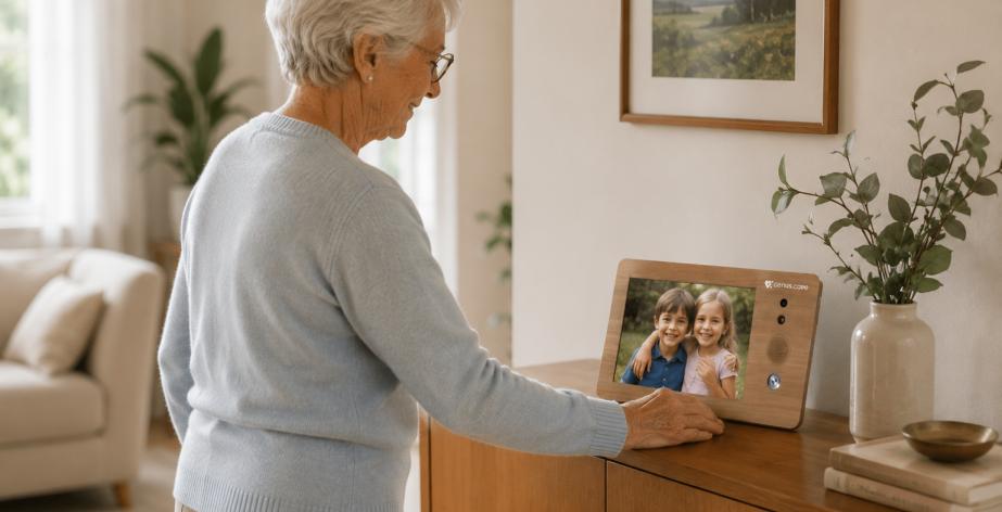 Senior kijkt naar een foto van kinderen via de Genus