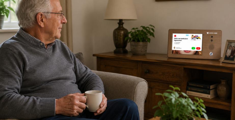 Senior zit thuis op een stoel met Genus op de achtergrond